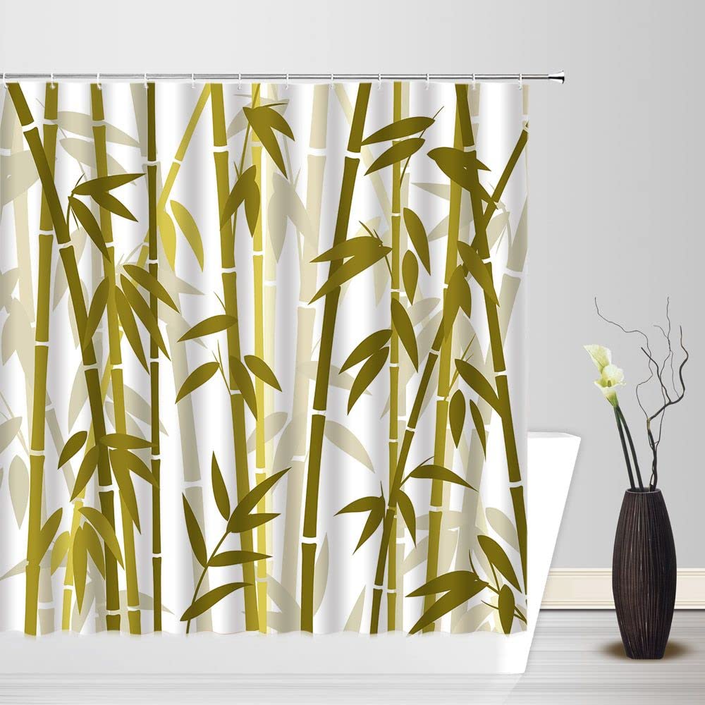 Bamboo Shower Curtain Green Bamboo Forest Tree Japanese Asain Art Rustic Vintage Wild Nature Plant Scenic Watercolor Fresh Spa Fabric Bathroom Sets with Hooks (Tan / 47"W x 70"L (Pack of 1))