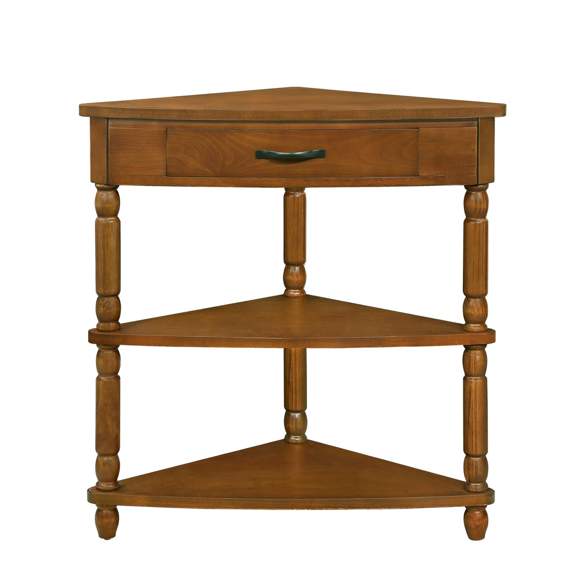 Small Triangle Corner Table Wood Corner Side Tables with Drawer & 2 Open Shelves 3 Tier End Table with Solid Wood Legs for Small Spaces Living Room (33.86"L x 20"W x 34.57"H / Brown)