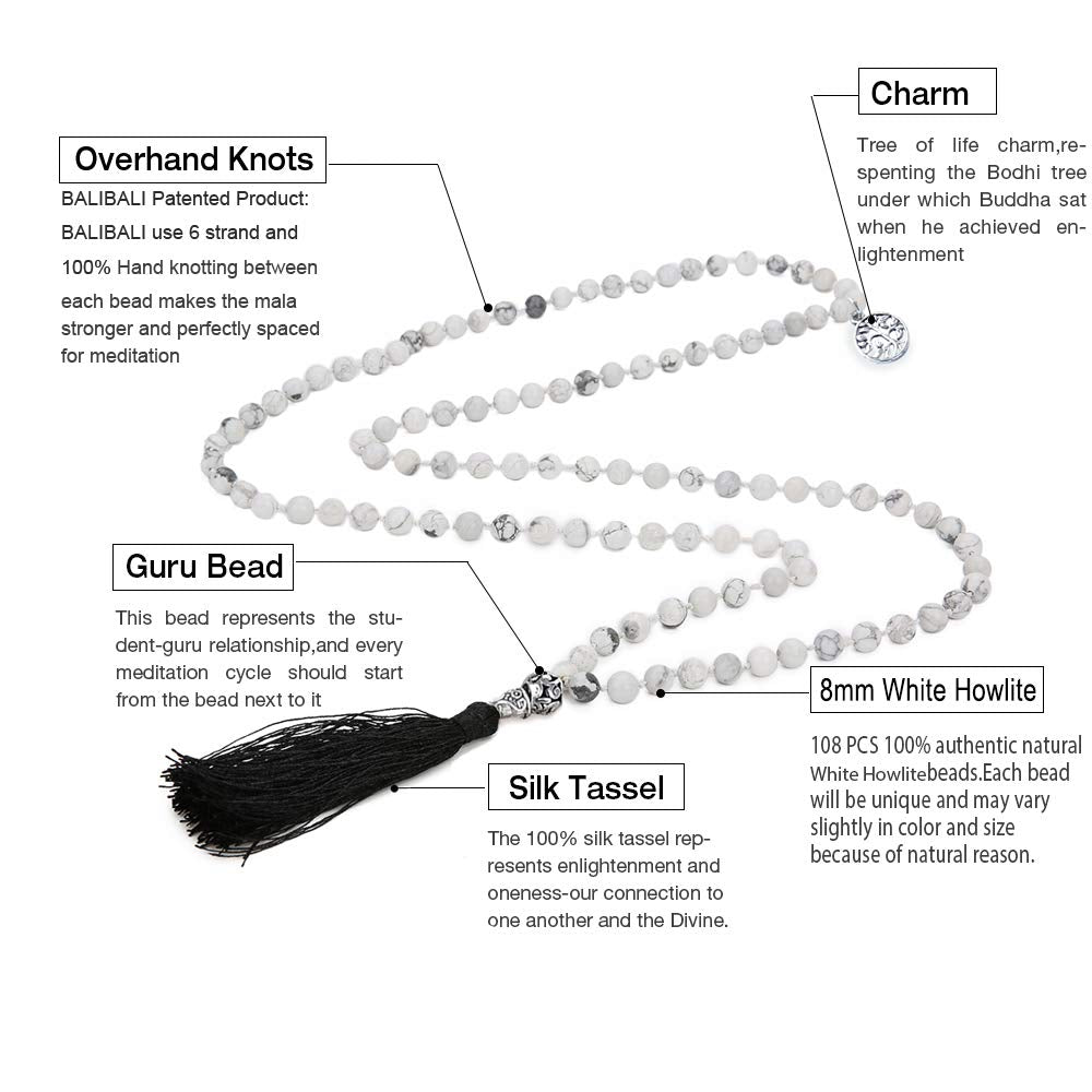 108 Mala Beads Semi (Natural White Howlite（Black Tassel）)