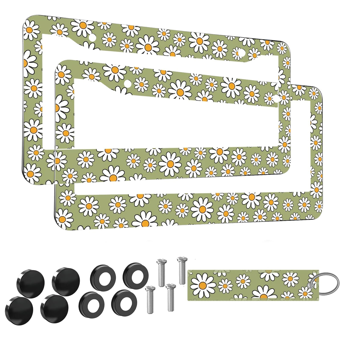 Retro Green Daisy License Plate Frame Women 2Pc Car Tag (for Floral-Daisy G)