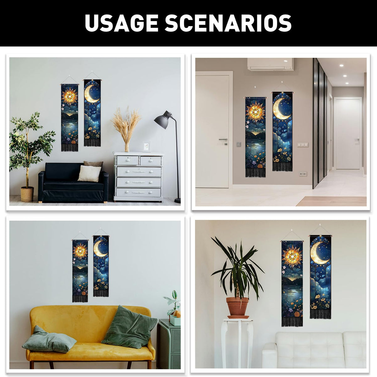 2 Pack Sun Moon Tapestry with Tassels (blue,yellow)