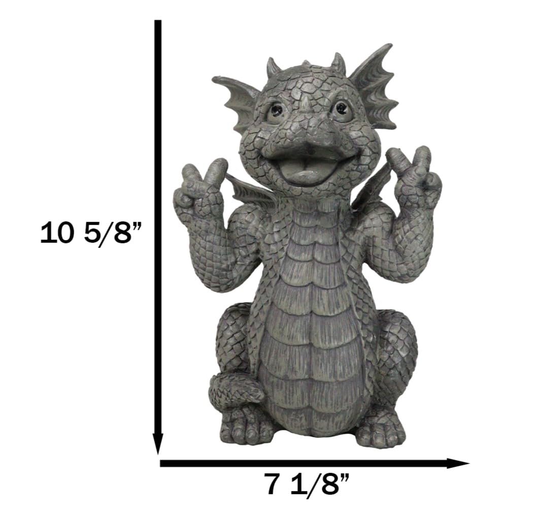 Ebros Whimsical Garden Dragon with Hippie Peace Sign Gesture Statue 10.5" Tall Cute Baby Dragonling Smiling Wide Faux Stone Resin Finish Figurine Home Decor Sculpture (Hippie Peace Sign)