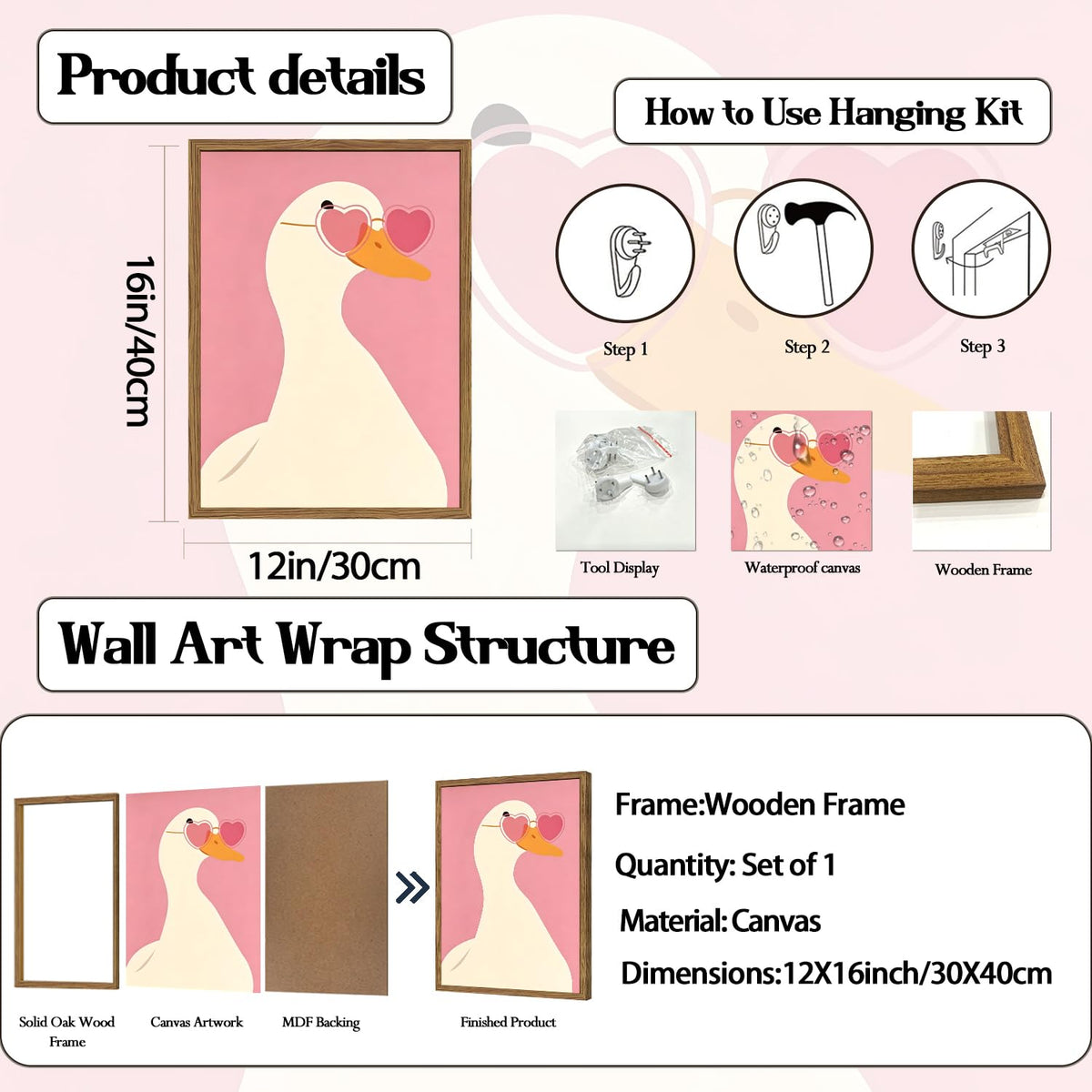 Cute Goose Wall Art Pink Heart Sunglasses Duck Wall Decor Picture Preppy Coquette Animal Canvas Painting Print for Living Dorm Room Bedroom Bathroom 12x16 inch Wood Framed (Animal-I / 16"L x 12"W)