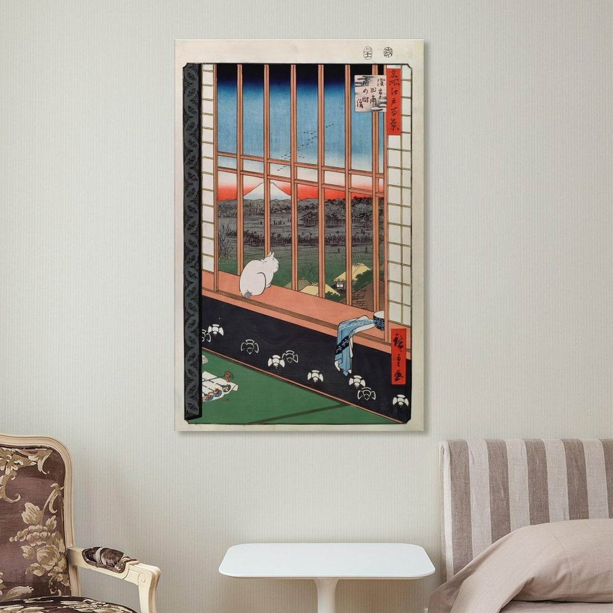 Hiroshige Asakusa Ricefields White Cat Japanese Ukiyoe Landscape Canvas Printing Wall Art Prints Wall Decor Posters Zen Vintage Style for Living Room Bedroom Home Office Gallery 24x36inch (style-4 / 24x36inch(60x90cm) Frame)