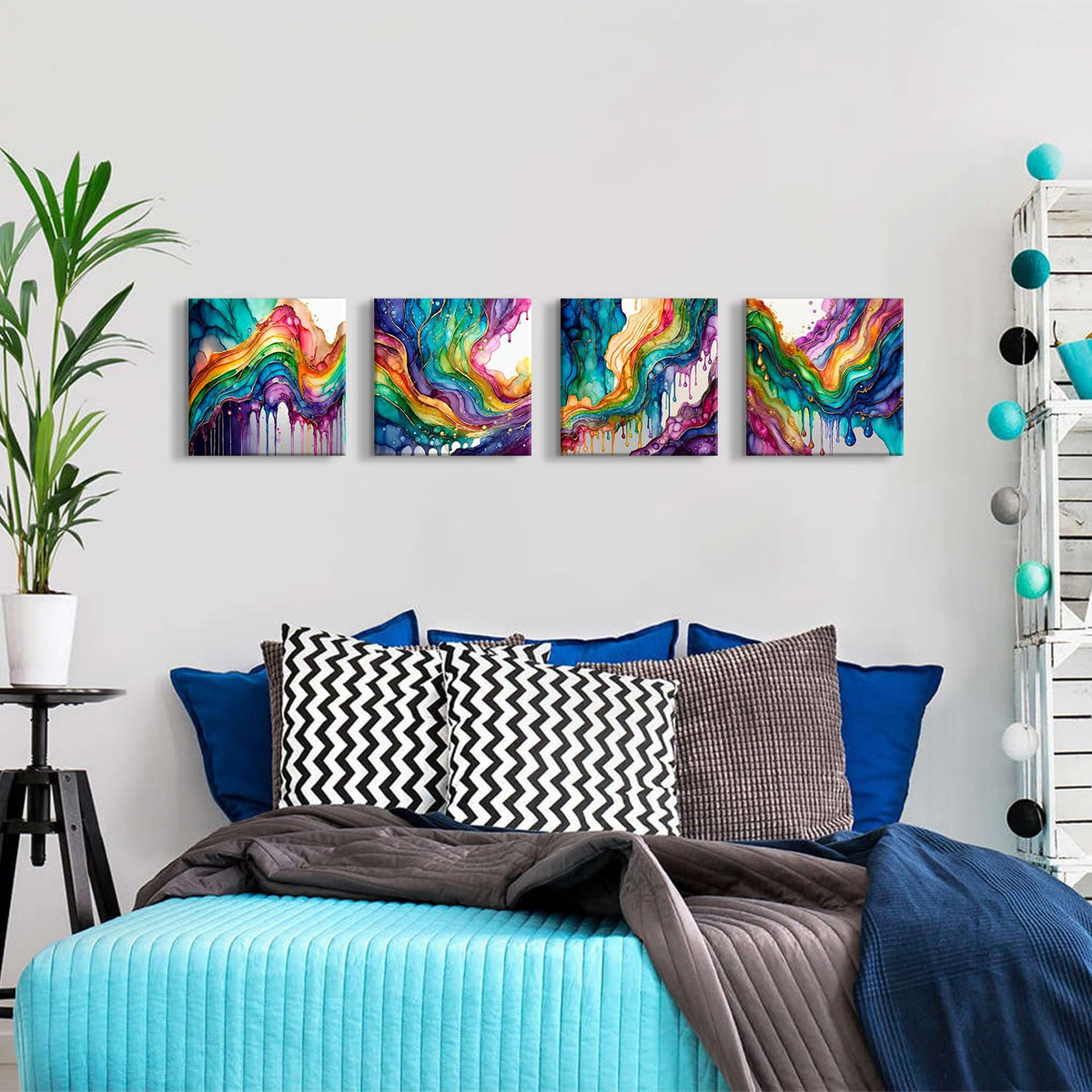 Colorful Wall Art Graffiti Rainbow Wall Decor for Living Room Abstract Fluid Lines Pictures Fantasy Watercolor Red Green Blue Liquid Canvas Prints Painting Modern Bedroom Home Decorations 12x12” 4Pcs (12"L x 12"W / Abstract Rainbow)