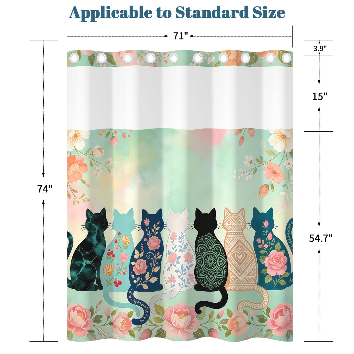 Cat & Floral Shower Curtain with Snap in Liner (Cartoon Cat)