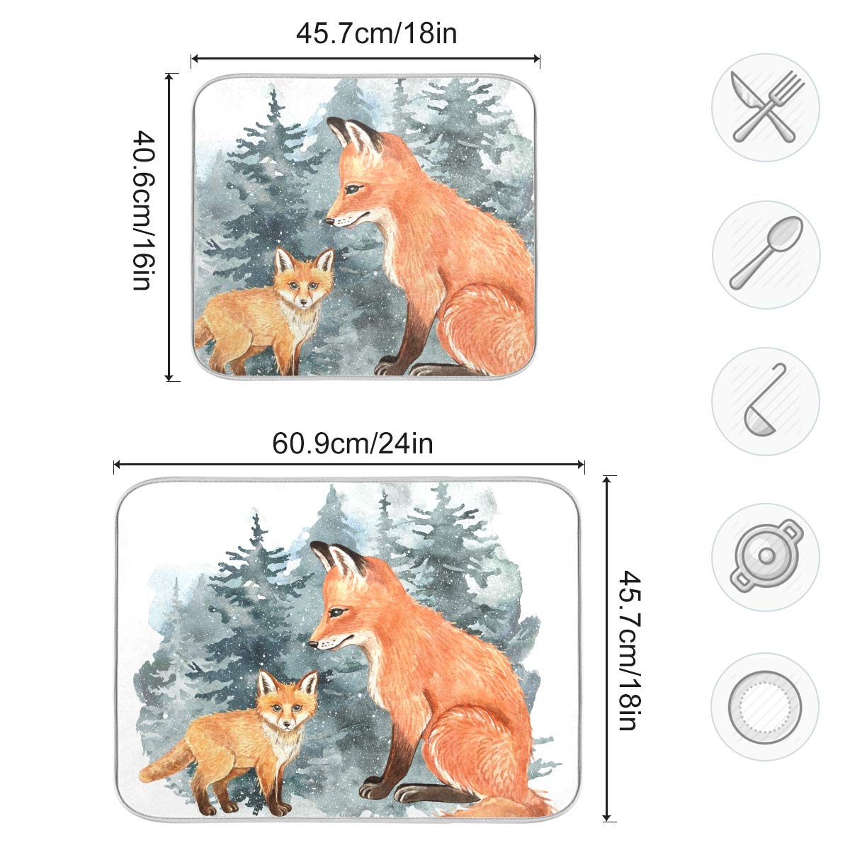 Super Absorbent Dish Drying Mat (Cute Fox Winter Christmas / 18" x 24")