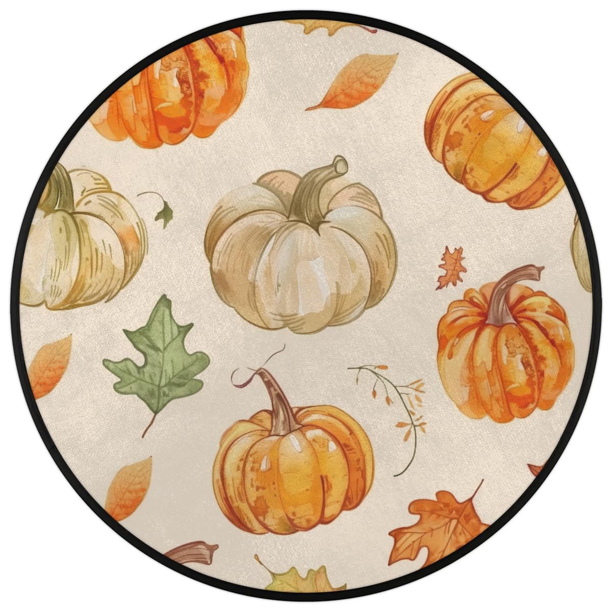Autumn Pumpkin Leaves Round Area Rug 5Ft Thanksgiving Harvest Circle Carpet (5 ft / Pumpkin Leaves)