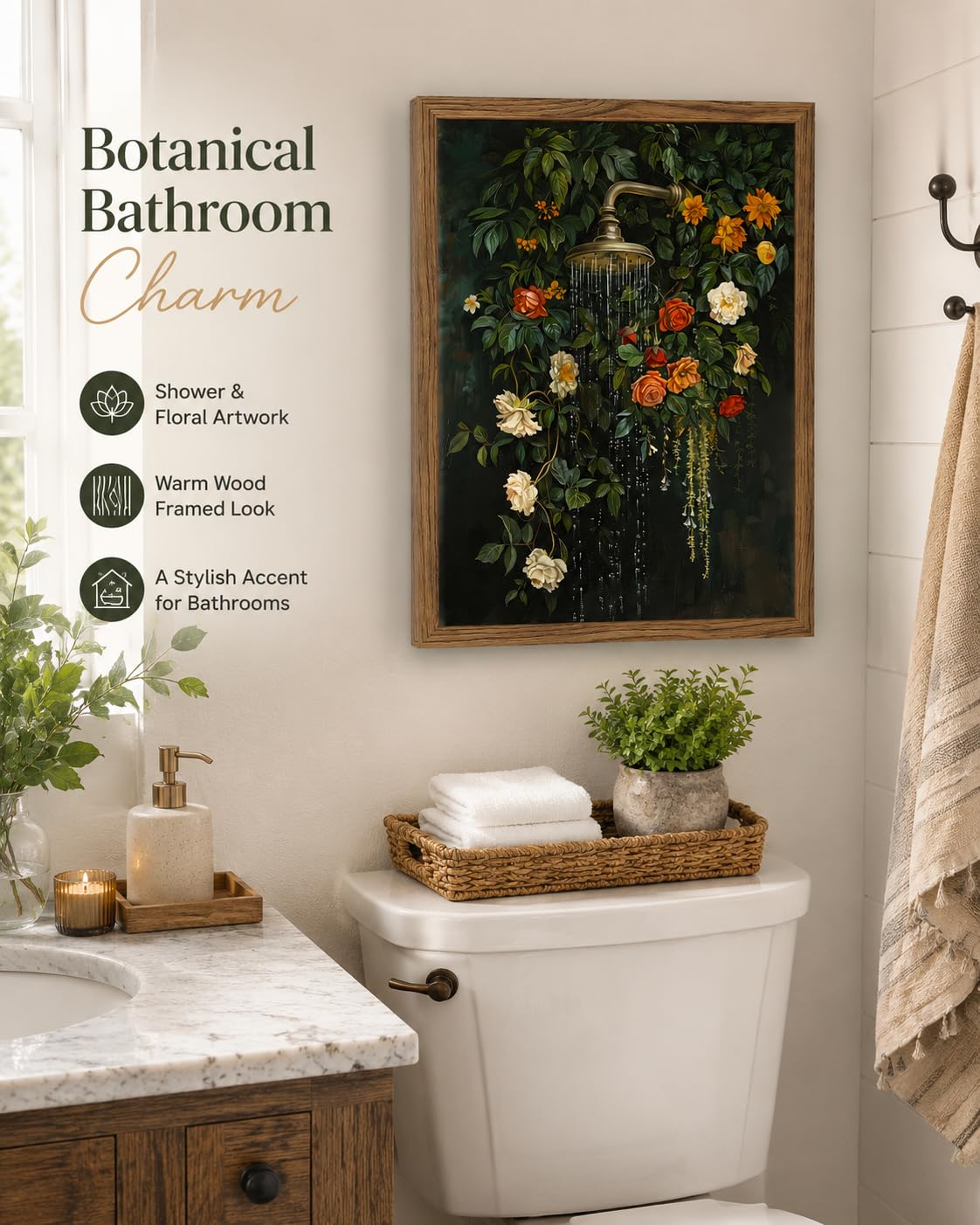 Wood Framed Funny Botanical Bath Wall Art Vintage Shower Floral Wall Decor (Floral / 12"L x 16"W)