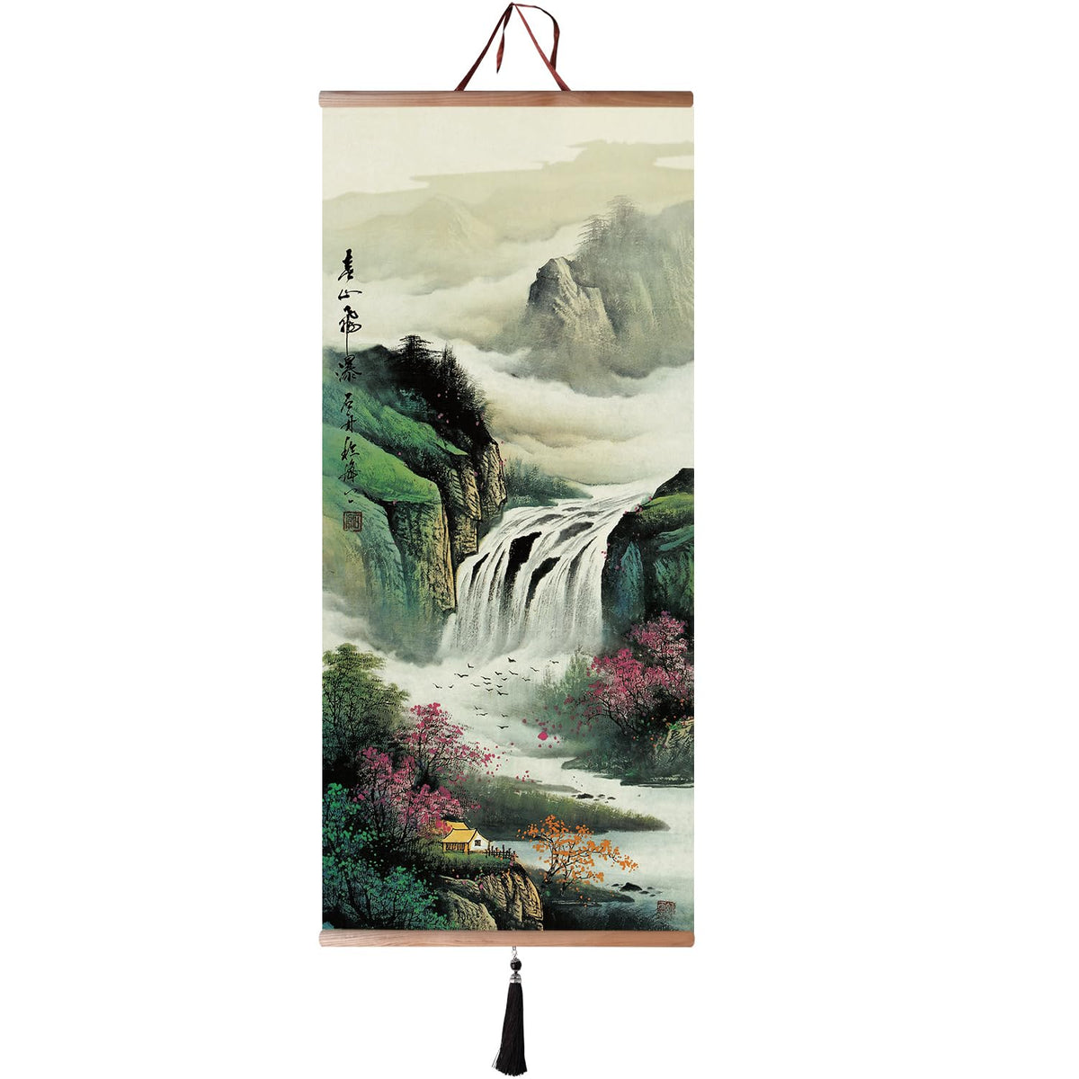 Canvas Painting Prints Wall Scroll Fengshui Art for Decor 32x14in (The waterfall on the mountain)