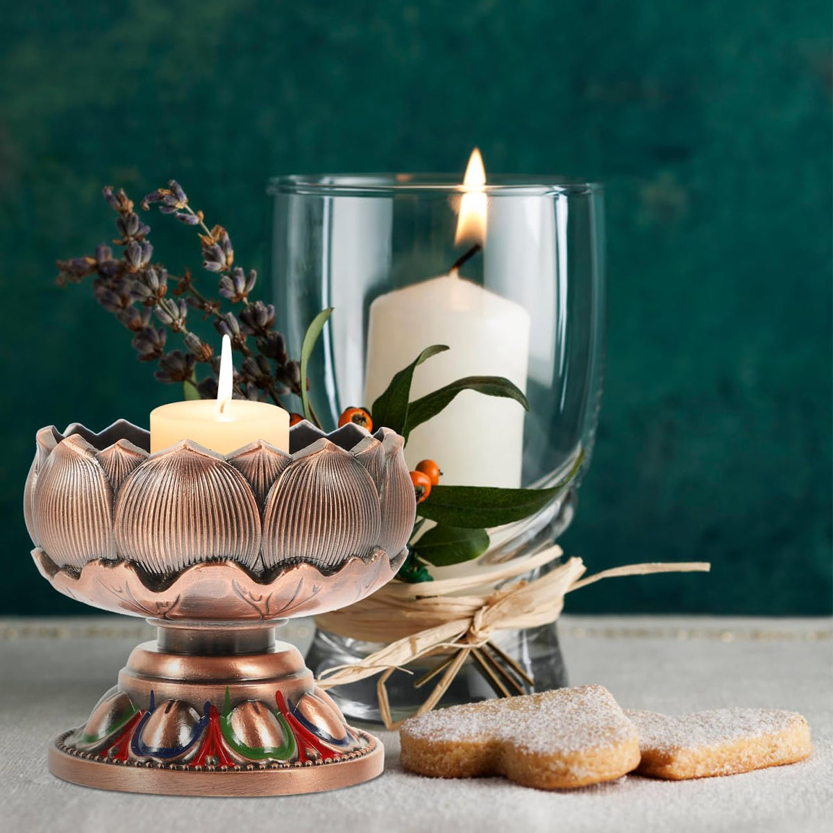 Lotus Shape Copper Candle Holder Buddhism Tea Light Stand Decorative Butter Lamp for Home and Buddha Hall Tabletop 1.96X1.96X1.73 Inch (As Shown)