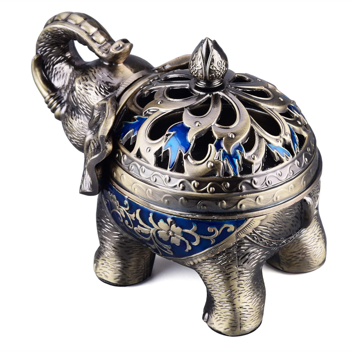 Metal Backflow Incense Holder Elephant Cone Incense Burner Candle Holder with Lid (Navy Blue)