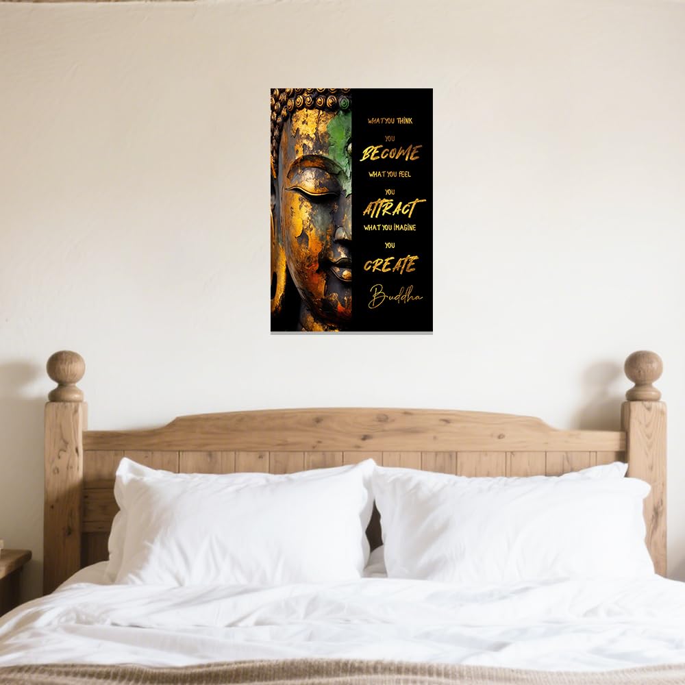 Buddhist Motivational Wall Art Buddha Quotes Canvas Pictures Zen Bathroom Painting Spa Artwork Prints for Yoga Room Office Decor Framed (Gold / 16" x 24")