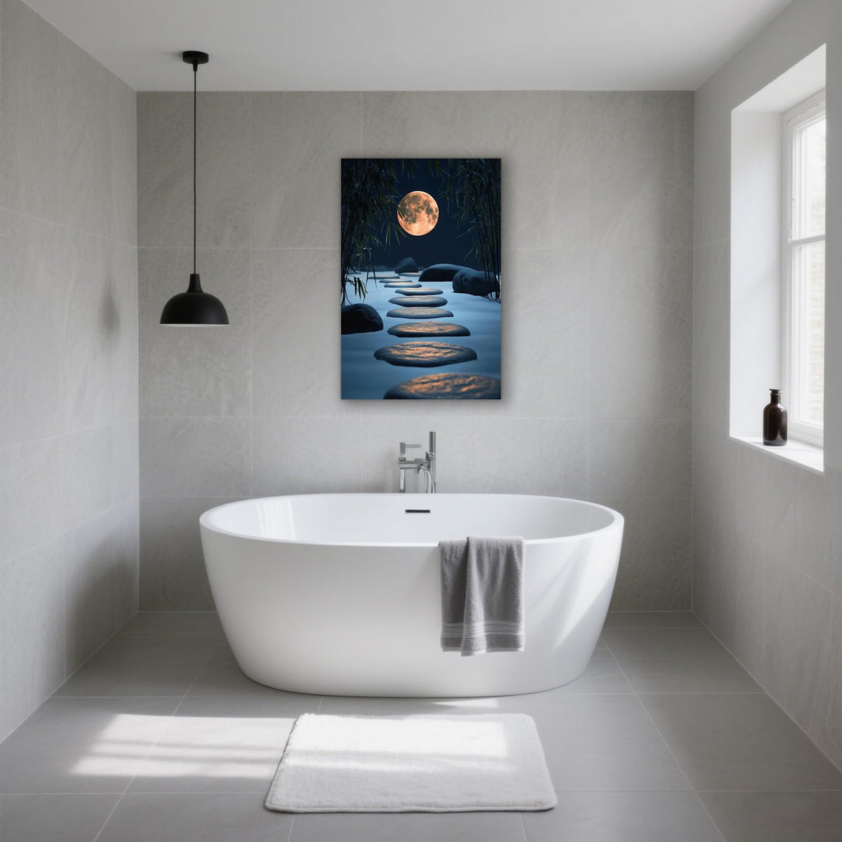 Zen Garden Moon Wall Art Canvas Stepping Stones Night Scene Print Framed Artwork Poster for Yoga Meditation Room Decor (WE000051-3 / 18"L x 12"W)