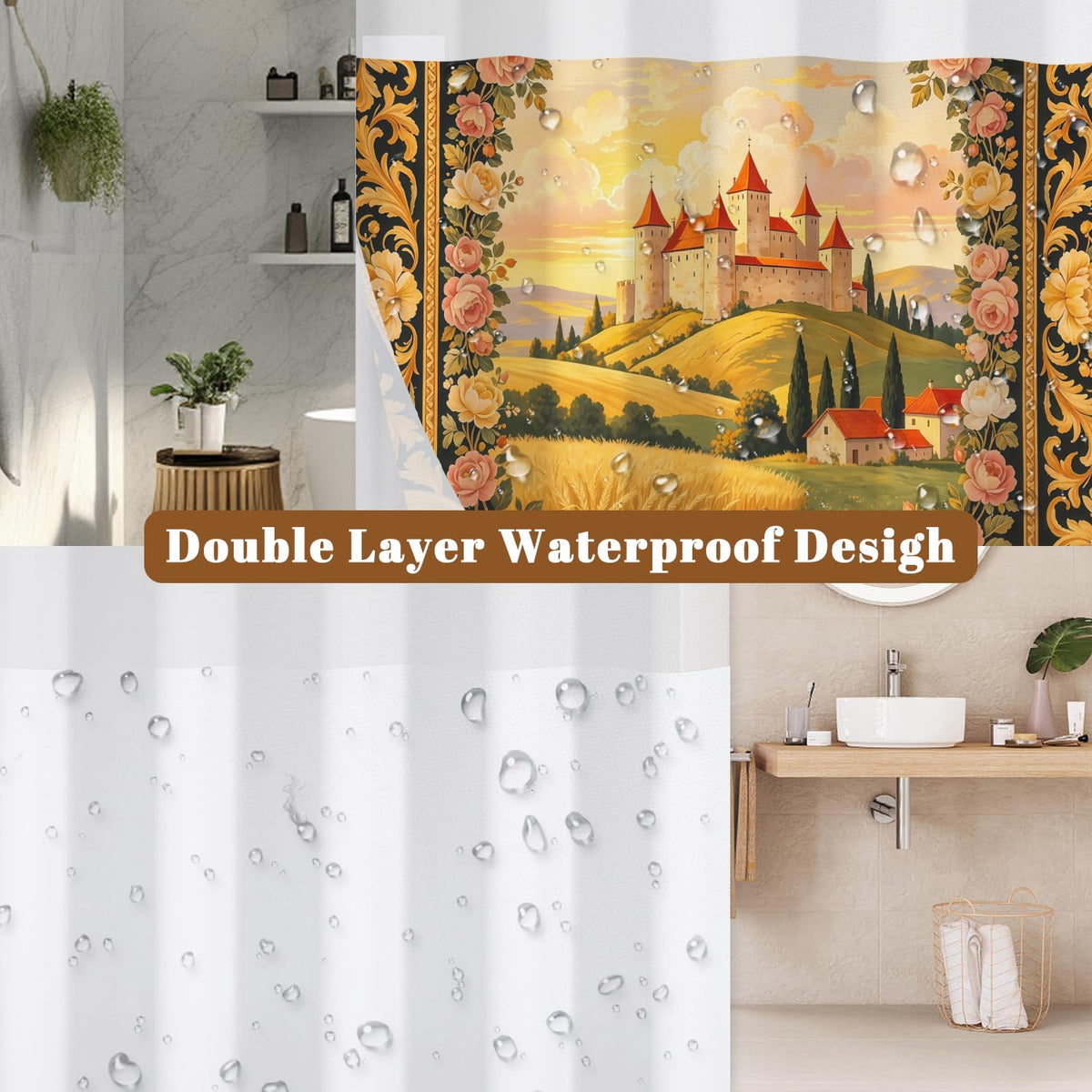 Castle Landscape Print Shower Curtain with Snap in Removable Liner (Castle)