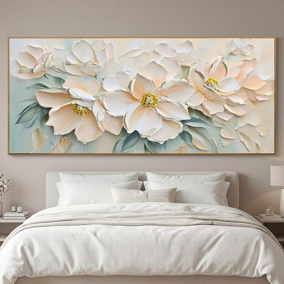 Framed White Floral Canvas Wall Art for Living Room Bedroom 71"x32" (Light Pink Florals / Wood Framed / 71"L x 32"W)