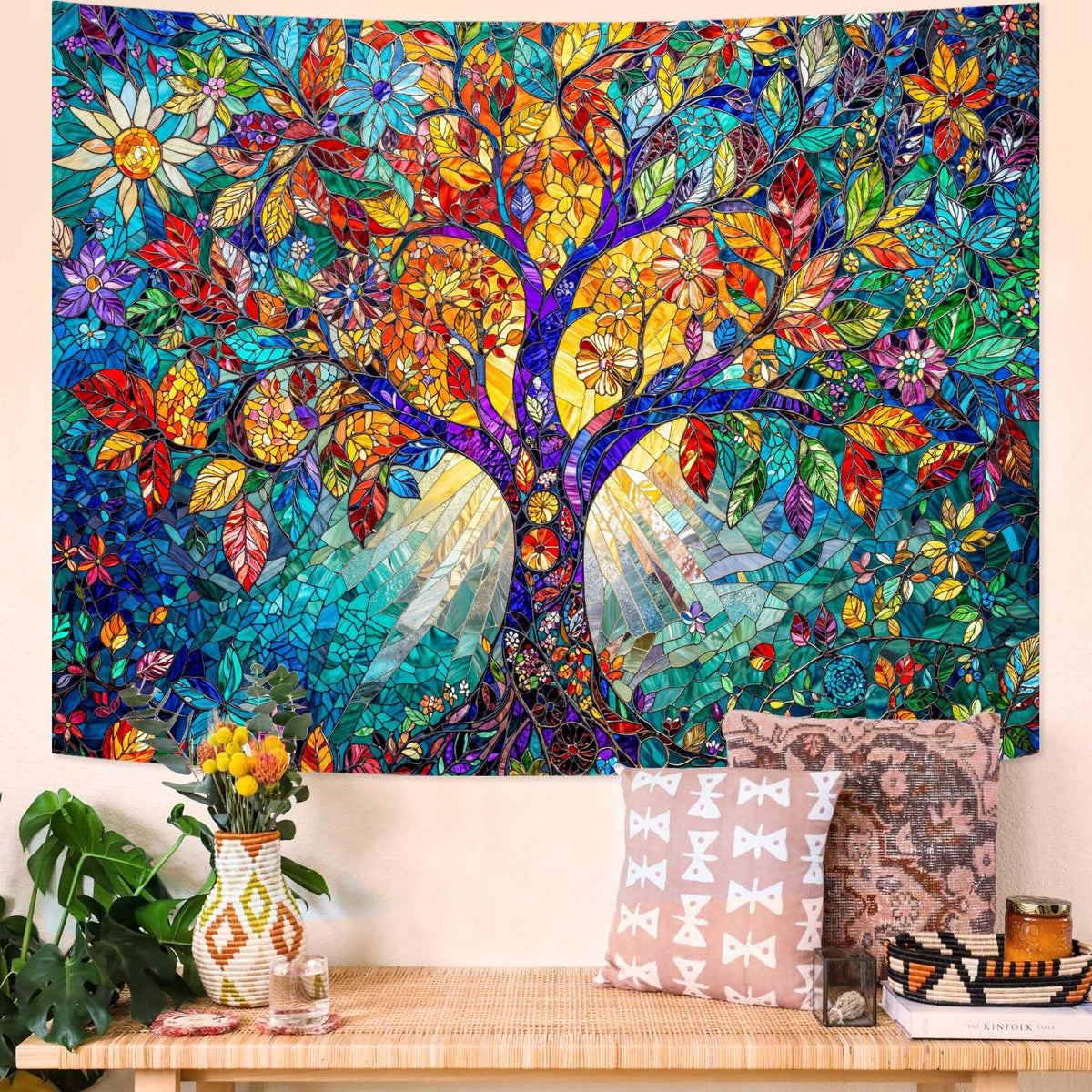 Tree of Life Tapestry Stained Glass Tapestry Wall Decor Tapestries for Bedroom Art Tapestries Wall Hanging for Bedroom Living Room Glass (90"L x 70"W / Colorful)