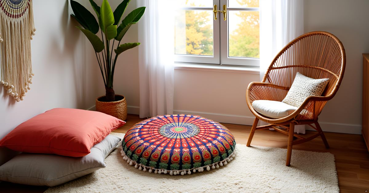 Large Round seat Floor Cushion Chair Ottoman Cover Pouf Pillow Meditation Floor Cushions for Adults Seating pouffe Ottoman Throw Covers Craft Room Furniture for Sitting Cover 22 Inches (Multi Nap)