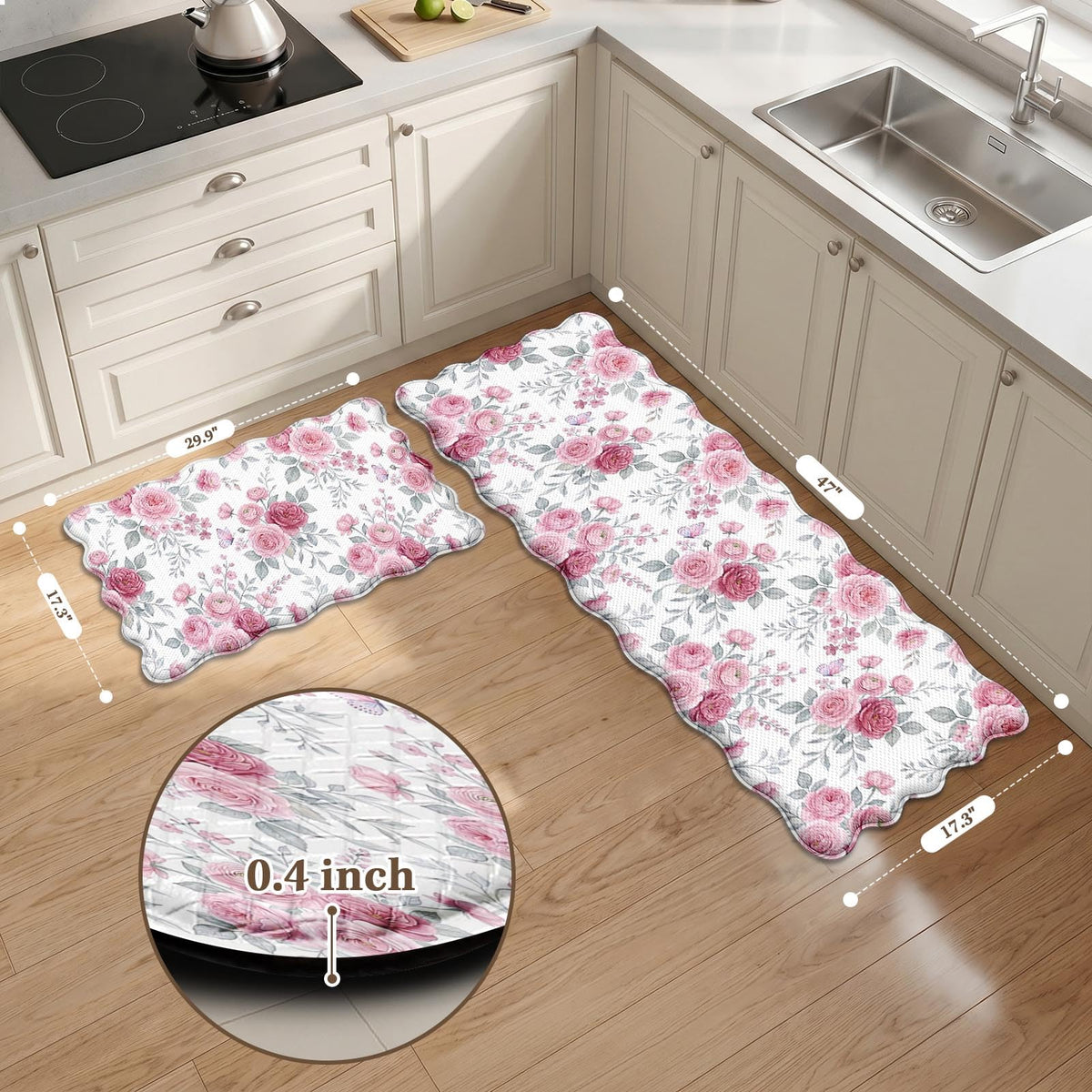 Anti Fatigue Kitchen Mats Set 2 (Vintage Roses / 17.3''x29.9''+17.3''x47'')