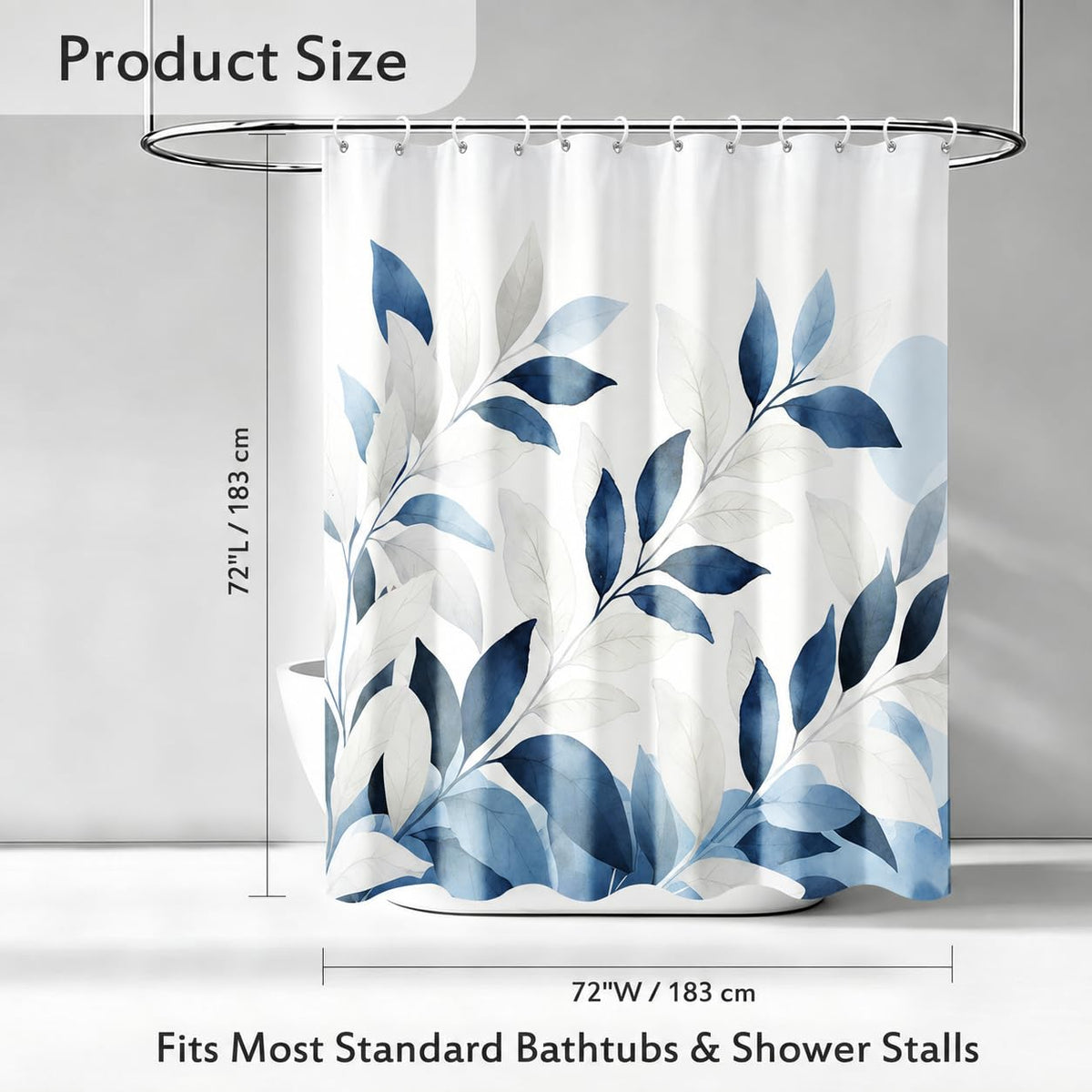 Watercolor Blue White Leaves Shower Curtain Botanical Indigo Sky Blue Vines Minimalist Boho Modern Nature Aesthetics Bathroom Decor Bathtub Curtain Fabric Shower Curtain Set with 12 Hooks (Blue White - Leaf / 72"W x 72"L (Pack of 1))