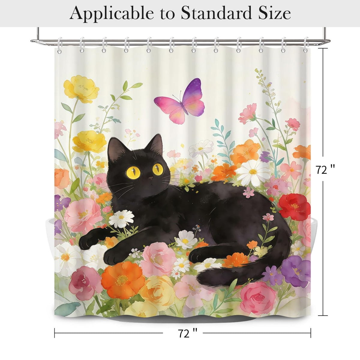 Cute Cat and Floral Shower Curtain 72x72 Inch (Cat and Flowers / 72"W x 72"L (Pack of 1))