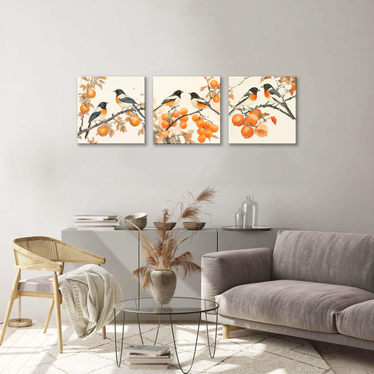 3PCS Vintage Style Watercolor Birds Orange Fruits Canvas Wall Art Botanical Autum Natural Scene Artwork for Living Room Bedroom Office Calming Wildlife and Fruit Branch Framed Canvas Prints (Birds Orange Fruits / 16x16 inches (3 pieces))