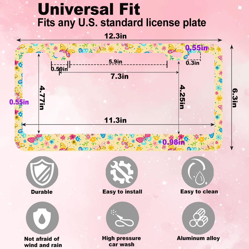 Colorful Floral Butterfly License Plate Frame Women 2Pc Car Tag (for Butterfly-Flowers -2p)