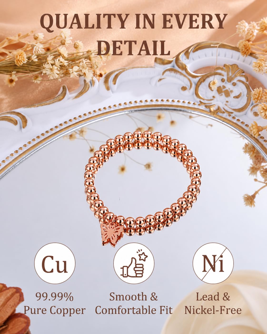 Copper Beaded Bracelet for Women Men (copper-butterfly)