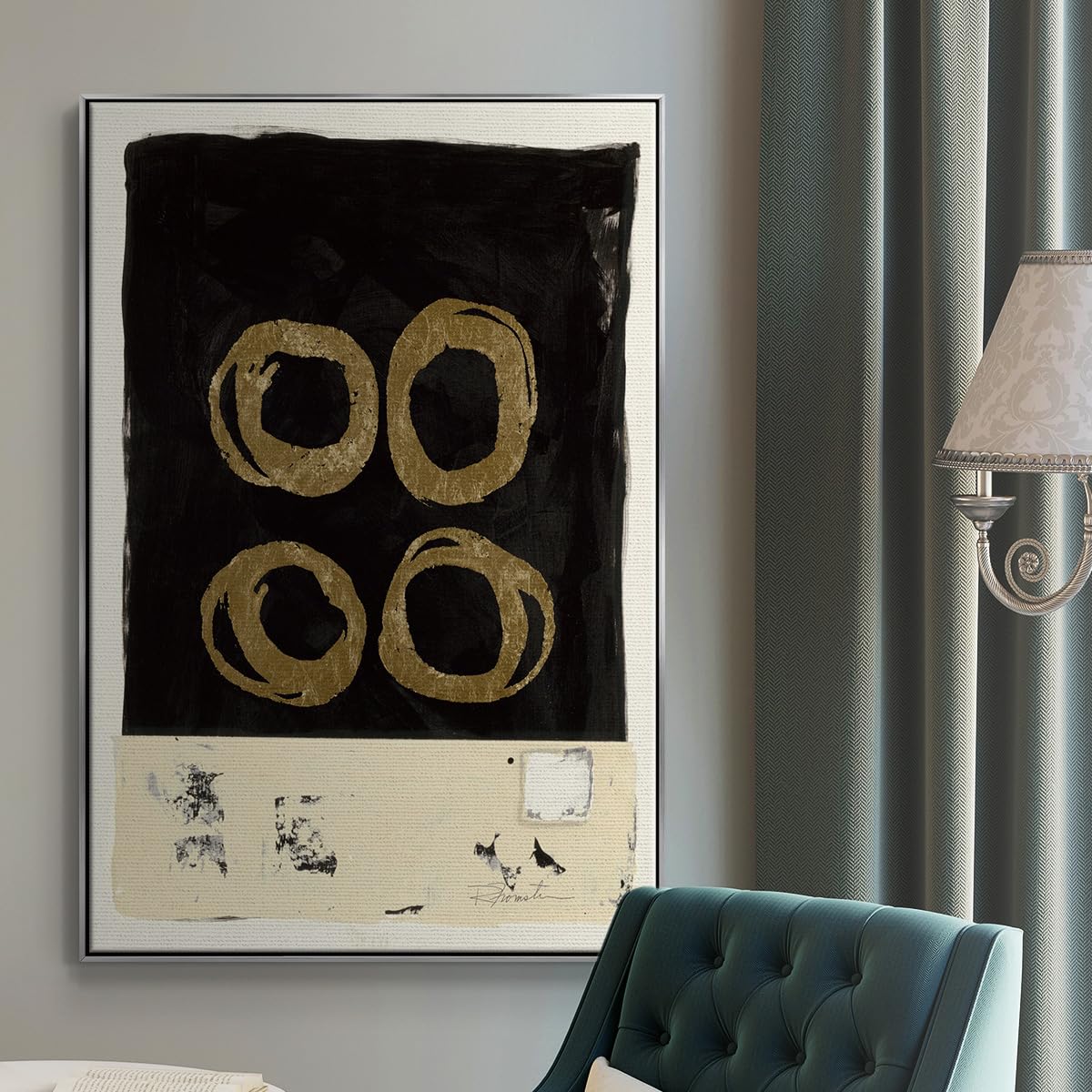 Canvas Silver Floating Frame Art Picture & Prints Black Golden Geometric Sphiral Patterns Abstract Artwork for Bedroom Office Home Decor (25"L x 17"W / Standing Strong II)