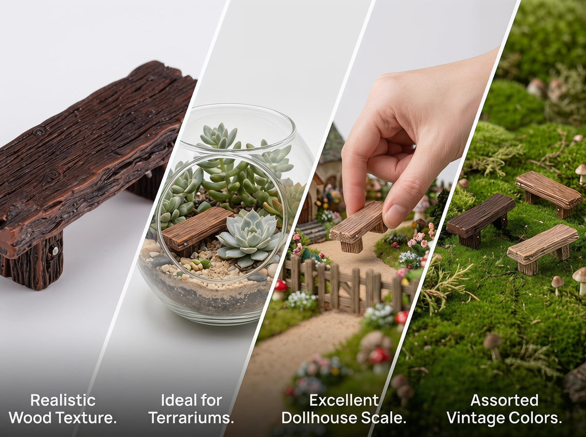 4Pcs Miniature Resin Bench Ornament Vintage Style Dollhouse Bench Miniature Decor for Fairy Garden Landscape Ornament Furniture Accessories for Window Displays Office Study Living Room (Brown)