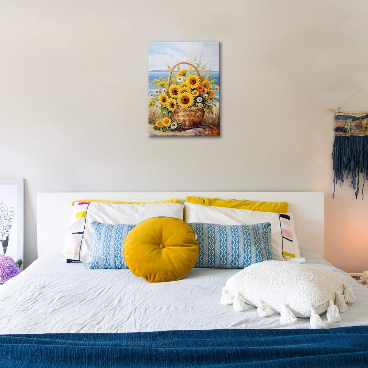 Sunflower Wall Decor Rustic Yellow Sunflower in Woven basket Beach Canvas Wall Art Modern Home Decor for Living Room Nursery Bedroom Bathroom Office Decor Framed Ready To Hang (24"L x 16"W / Sunflowers)