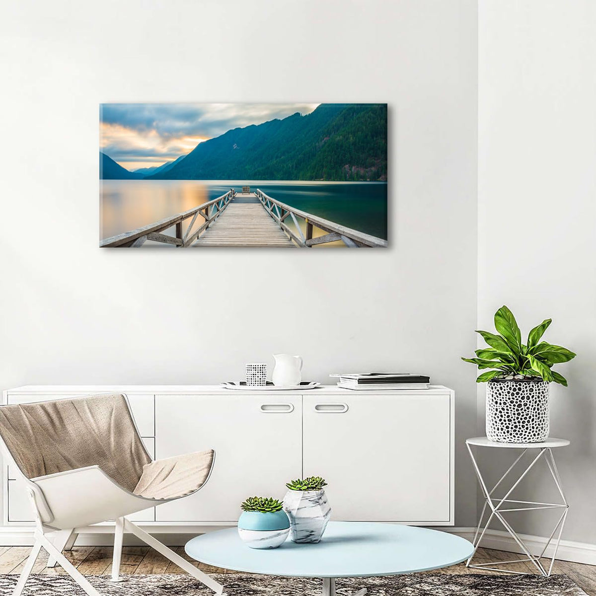 Olympic Mountain Canvas Wall Art Living Room Decor Crescent Lake Landscape Pictures Sunset National Park Posters Nature Wood Dock Scenery Painting Artwork for Bedroom Office Home Decoration 20x40" (40"L x 20"W / Olympic)
