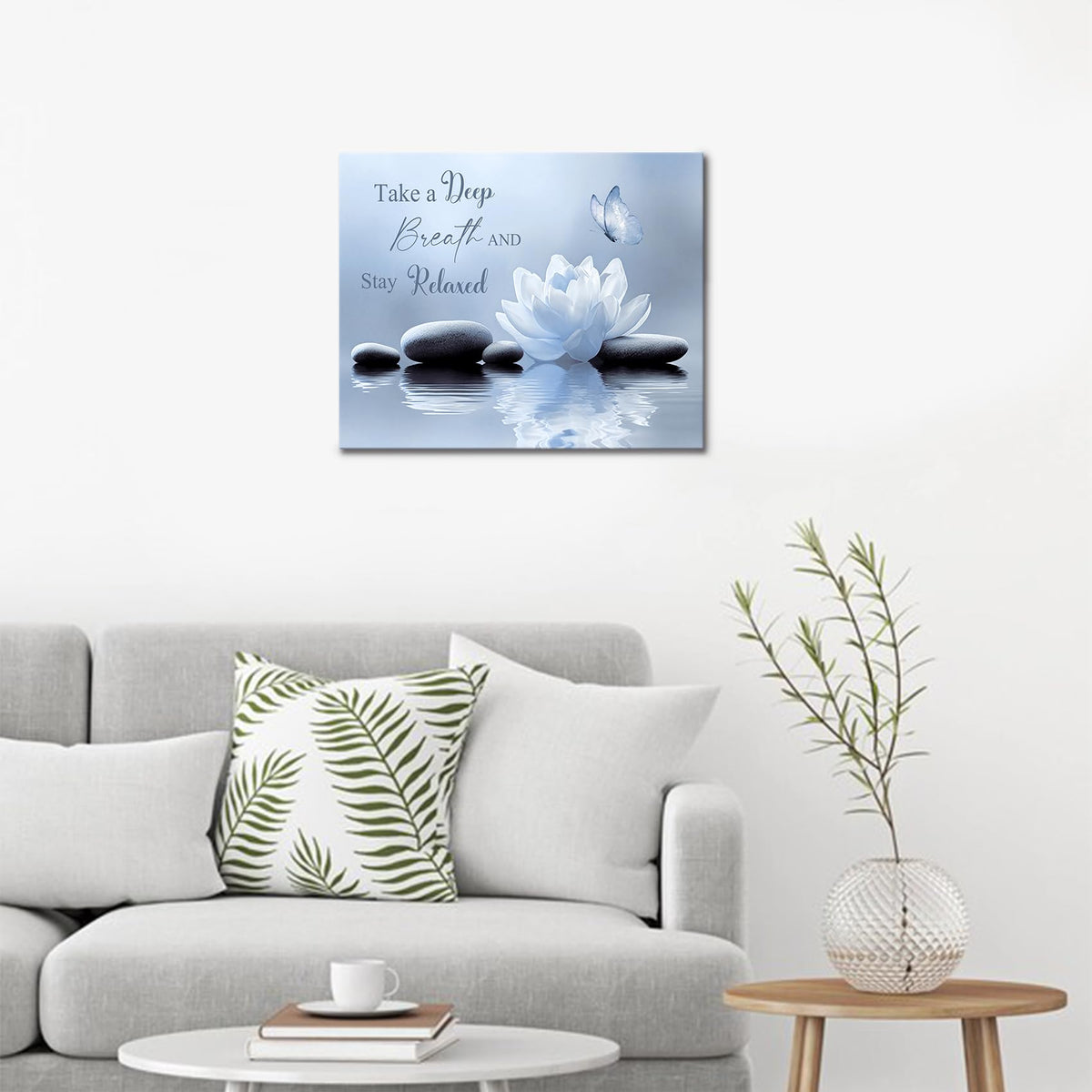 Zen Floral Canvas Wall Art Blue Water Lily Flower and Stone Butterfly Inspirational Quotes Canvas Wall Art Modern Spiritual Yoga Spa Pictures for Bedroom Office Wall Decor (8"L x 10"W / Blue)