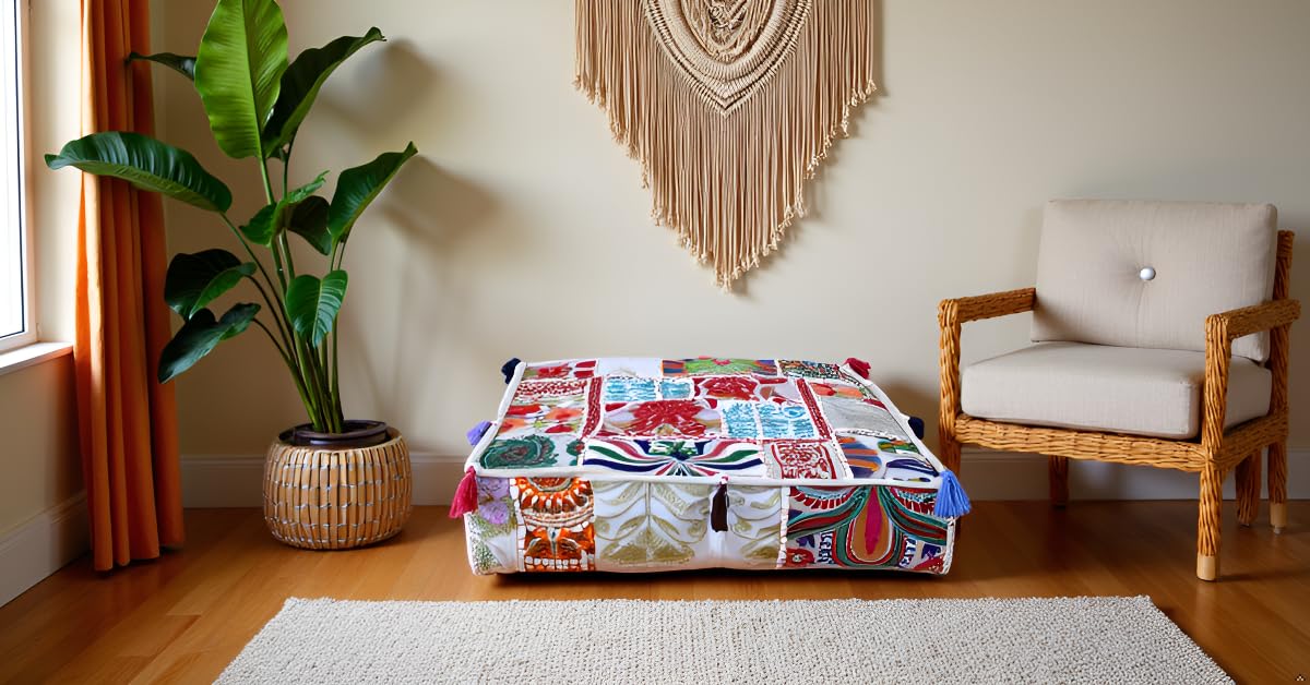 Indian Square Patchwork Traditional Pouf Cover Indian Living Room Poufs Decorative Embroidered Designer Ottoman Home Living Footstool Chair Cover Decor Pillow Cover 16x16x5 inches Off White (16"D x 16"W x 5"H / Off White)