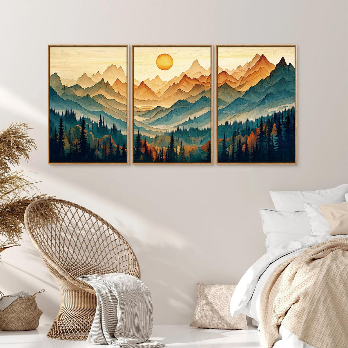 Large Mountain Framed Canvas Wall Art Set of 3 (Boho Mountains / 36"L x 24"W)