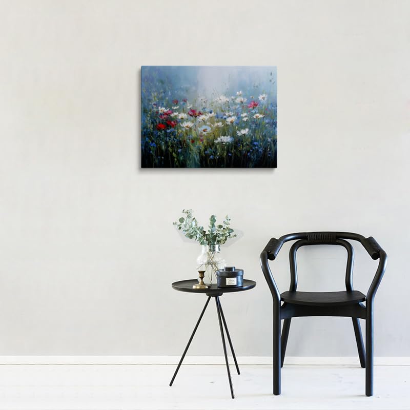 Wildflower Field Canvas Wall Art Framed Print Painting Red and White Blooms Impressionist Serene Wall Decor Artwork Poster Soft Blue Green Background for Living Room Bedroom Nursery Decor 12x16 Inches (wildflowers / 16"L x 12"W)