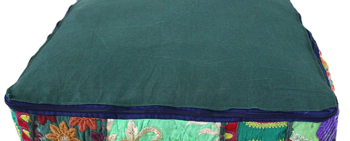 Indian Square Patchwork Traditional Pouf Cover Indian Living Room Poufs Decorative Embroidered Designer Ottoman Home Footstool Chair Cover Decor Pillow Cover 16x16x5 inches (16"D x 16"W x 5"H / Dark Green)