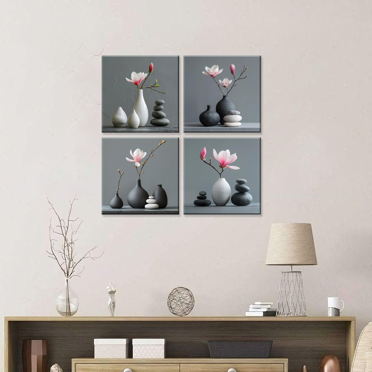 Modern Floral Art 4Pcs Magnolia Flowers & Zen Stones Art Minimalist Zen Magnolia Flower Black Vases Framed Canvas Prints Home Decor Contemporary Zen Decor Wall Art for Bedroom Bathroom (12X12inchX4 / Flowers in Vase)