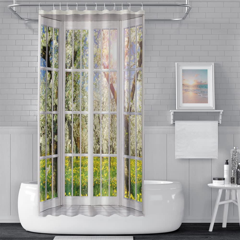 65x72inch Spring Sunrise Scenery Shower Curtain Sets French Style European White Curtain Bath Curtain for Bathroom Natural Scenery Floral Plants Outside Window Bathtub Stall Decor with Hooks (65"W x 72"L (Pack of 1) / Green02)