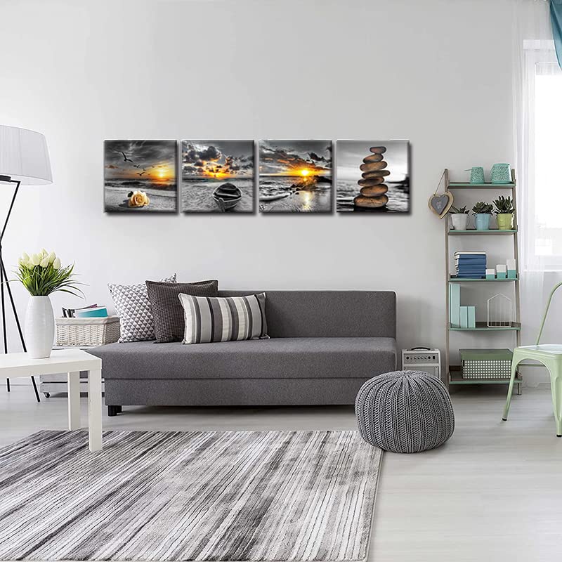 Black and White Gold Wall Decor Sea Sunset Beach Wall Art Seascape Zen Painting Sunrise Picture Ocean Canvas Print for Living Room Bedroom Bathroom Home Wall Decoration Framed Art (Ablack and white1 / 12"x12"inchesx4Pcs)