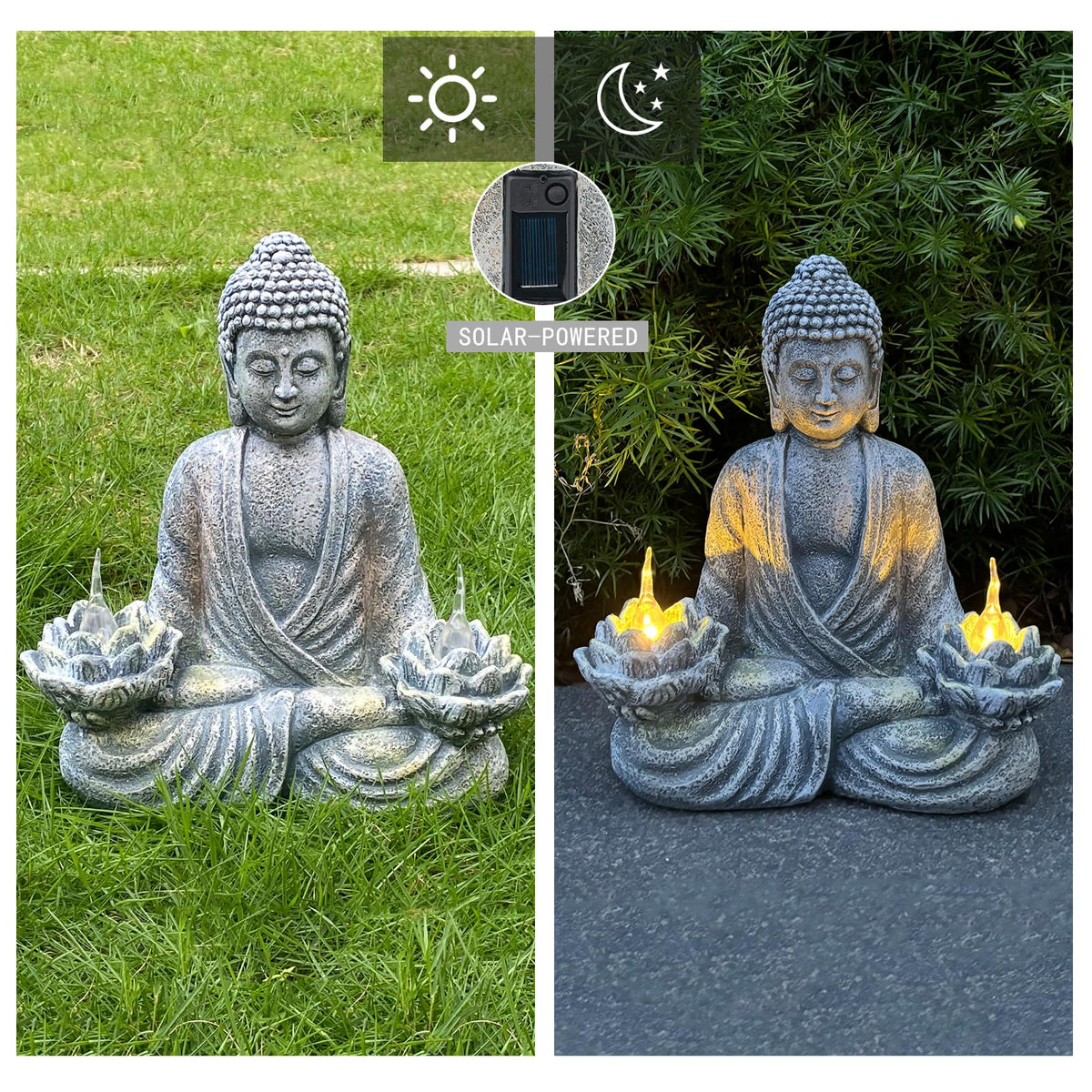 Buddha Statue for Home and Outdoor Decor Solar Powered Flickering LED (Grey2_Buddha Statue)