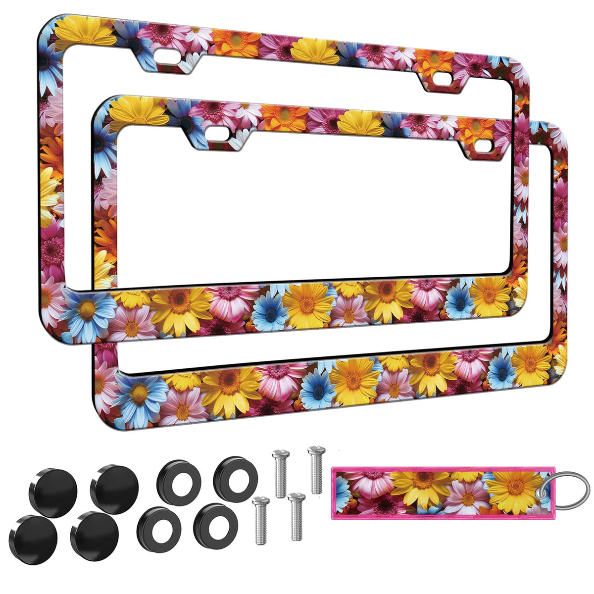 Watercolor Daisy Floral License Plate Frame Women 2Pc Car Tag (for Floral-Daisy c / 2 pack)