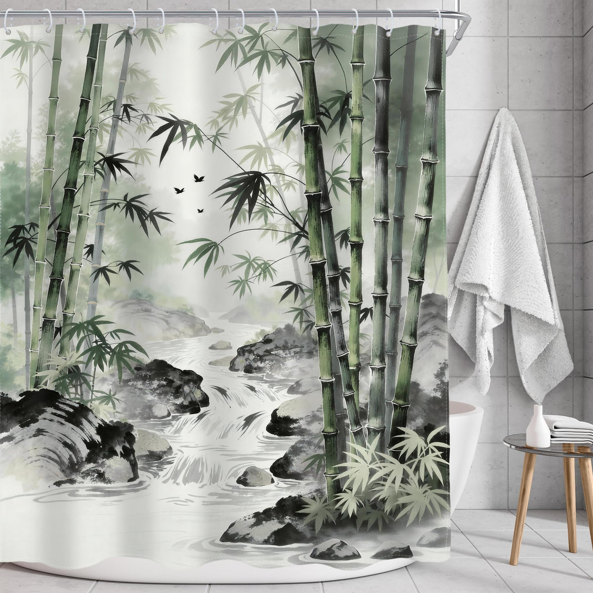 Bamboo Zen Spa Green Shower Curtain Leaves Nature Scenery 60Wx72L Inch (H-green / 60"W x 72"L (Pack of 1))