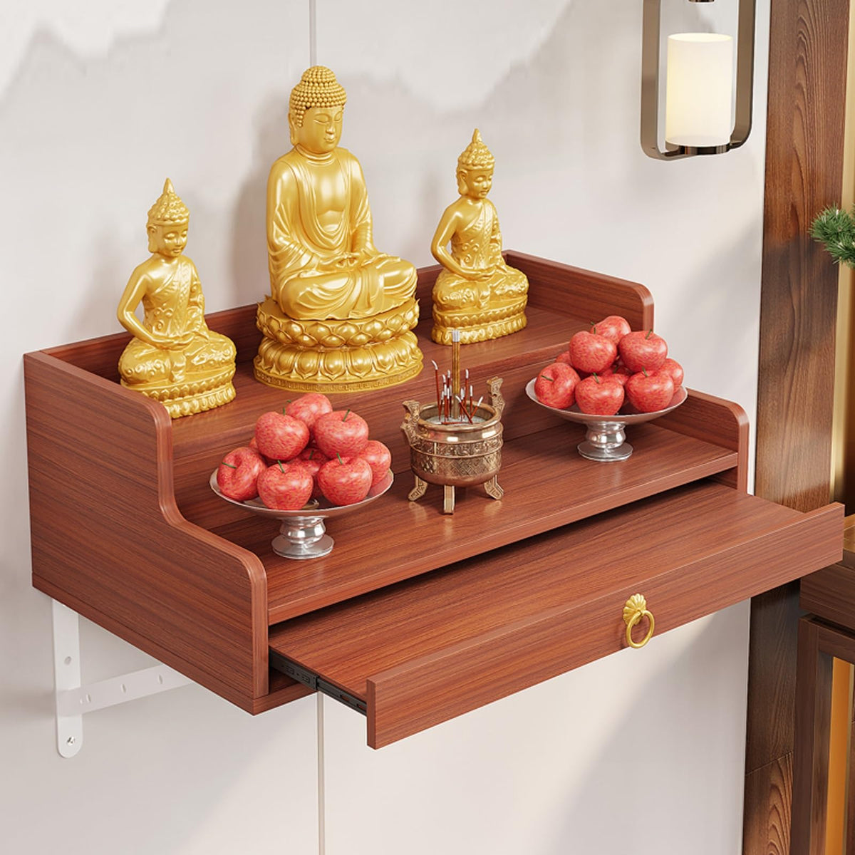 Solid Wood Altar Table Shelf (Brown / 50cm/19.7in)