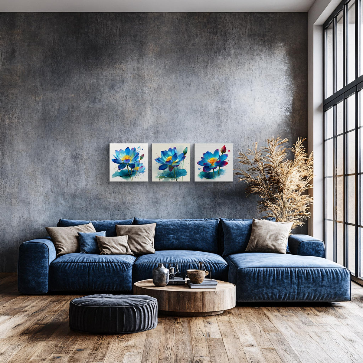 3Pcs Blue Lotus Watercolor Canvas Wall Art Print Blooming Flower Yellow Center Teal Purple Petals Botanical Floral Pictures for Bedroom Bathroom Living Room Decor Zen Artwork Ready to Hang (Blue Lotus / 20x20inchx3)