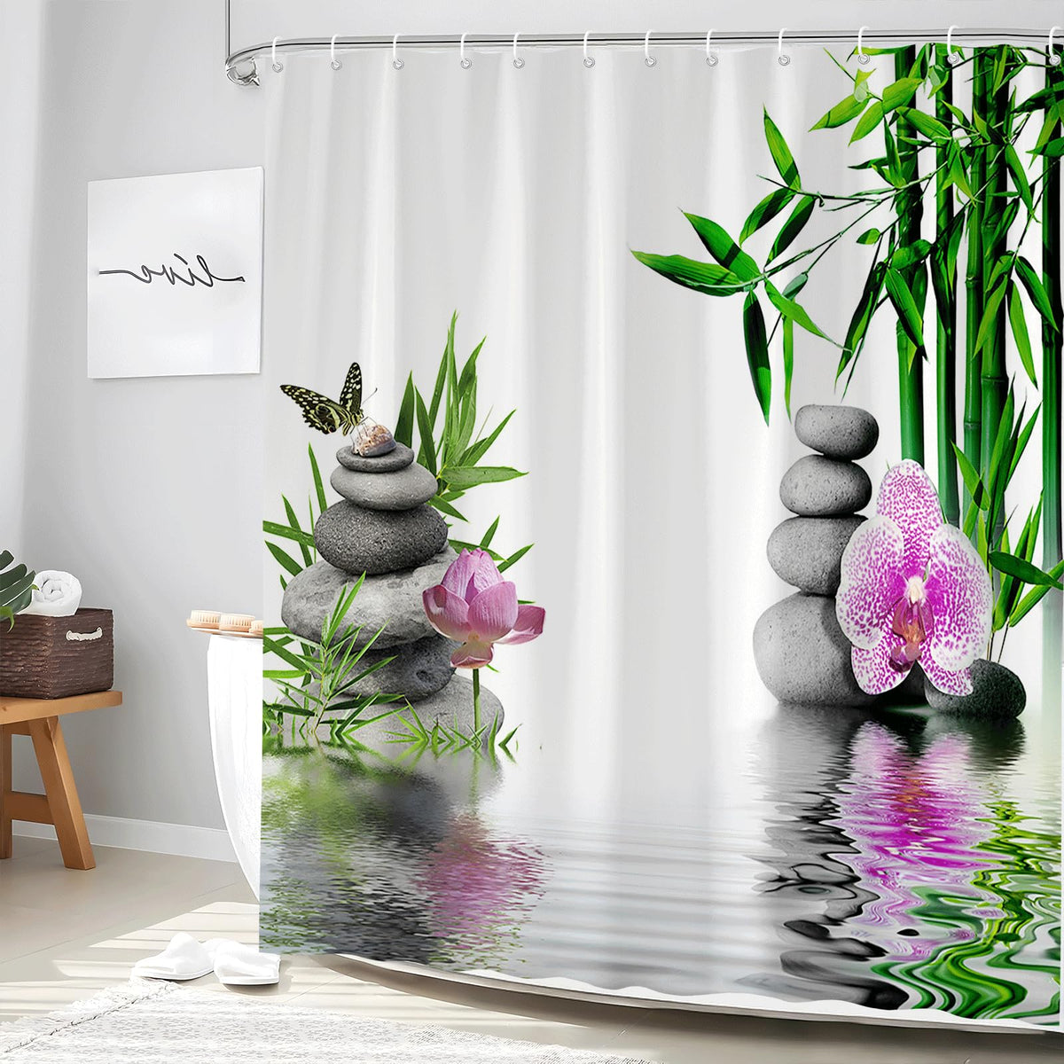 Zen Shower Curtain Green Leaf Floral Purple Flower Butterfly Lotus Black Stone Japanese Garden Relax Meditate Spring Nature Theme Rustic Polyester Curtains Bathroom Decor Set with Hooks 70Wx84H Inch (White / 70"W x 84"L (Pack of 1))