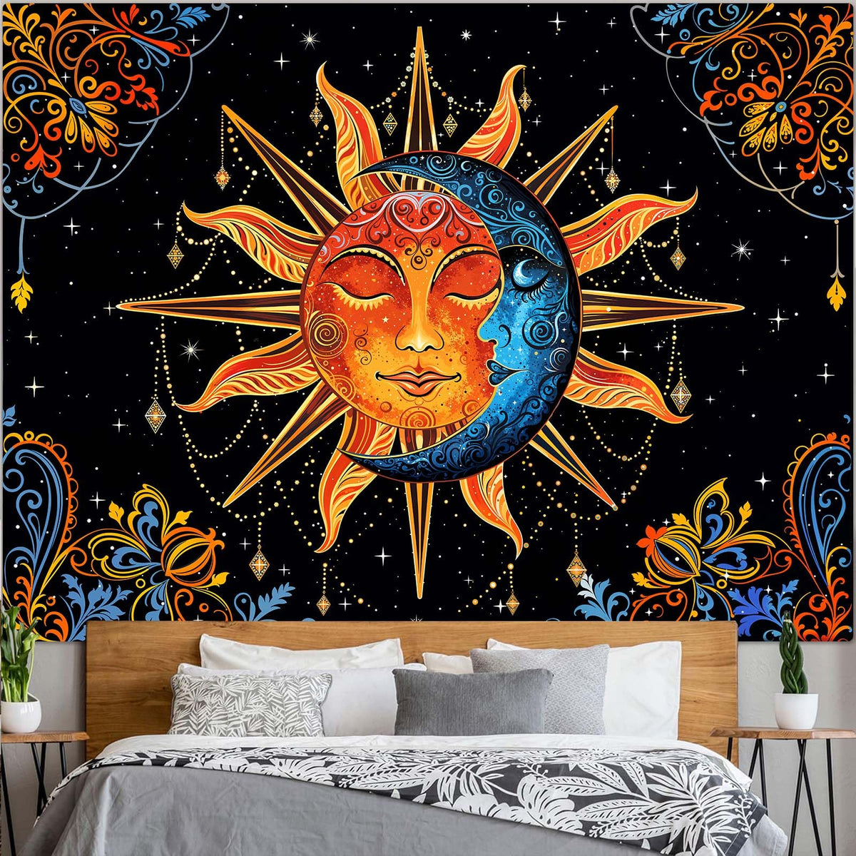 Sun and Moon Tapestry Mandala Wall Tapestry (Red Blue Black / 60"L x 44"W)