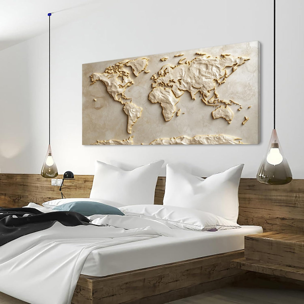 Light Gold World Map Wall Art for Living Room Office Relief (Contemporary / Light Gold World Map Wall Art / 58"L x 28"W)