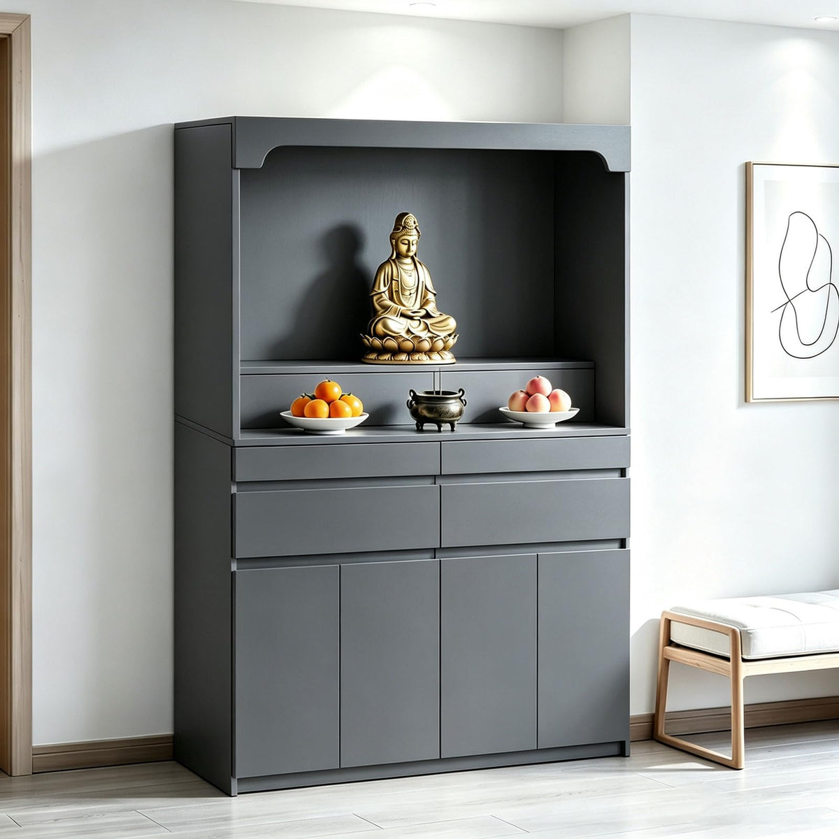 Altar Table Pooja Cabinet with Drawers and Storage Cabinets (47.2×15.7×65.4in / Dark Gray)