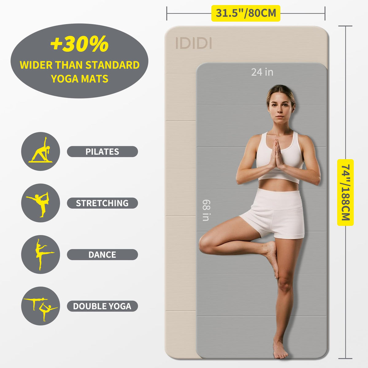 Foldable Yoga Mat Extra Large Wide 74"×31.5" (Beige+Black)
